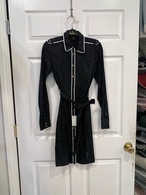 Brooks Brothers Black Polka Dot Long Sleeve Shirt Dress with White Trim